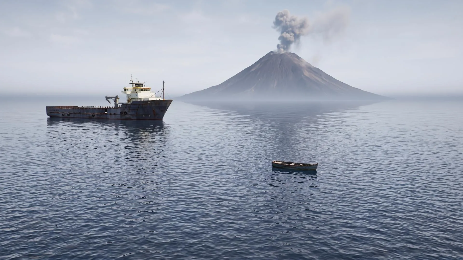 The volcano placed behind the ships displaces the original subjects