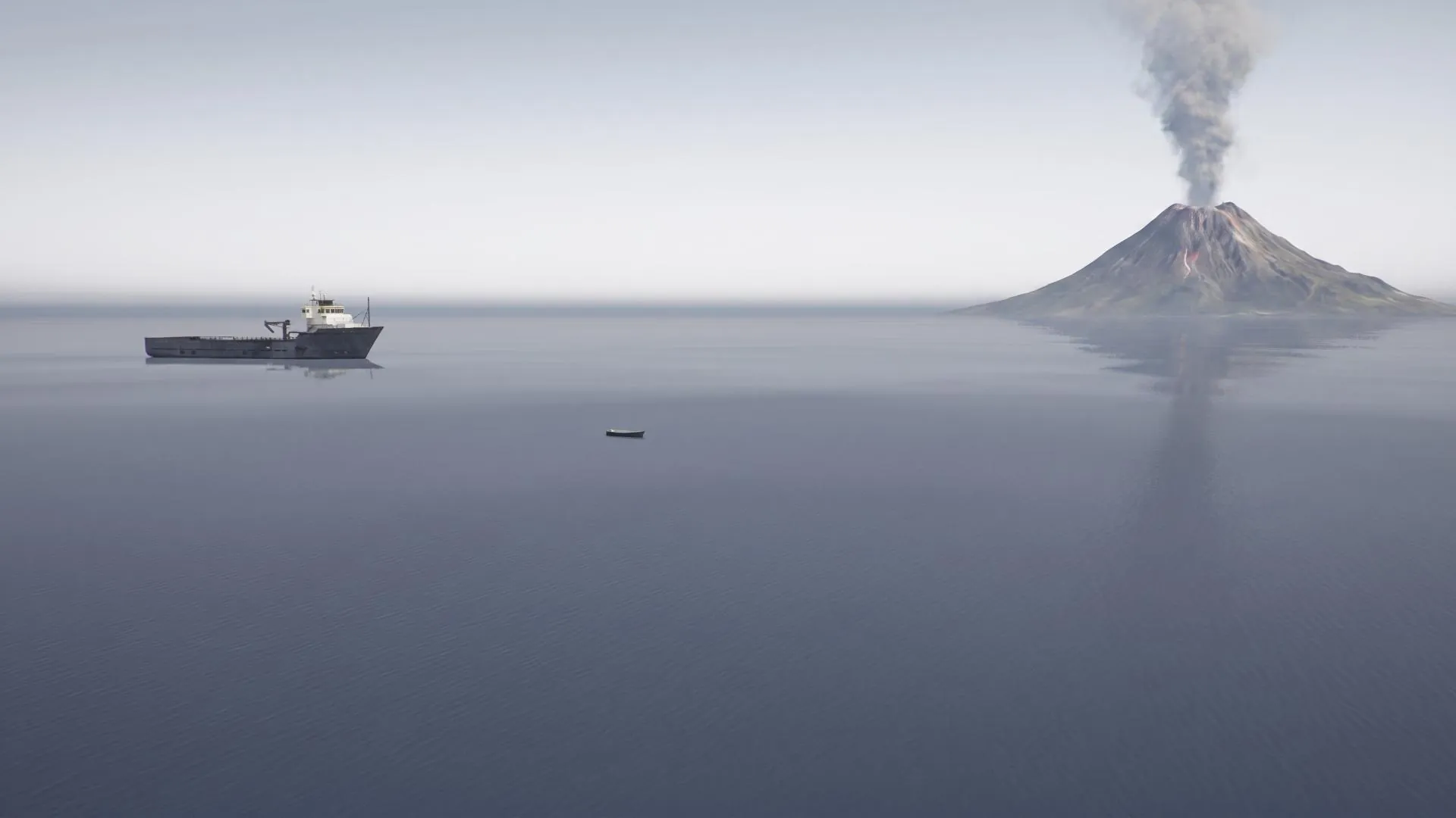 The volcano placed at the right side of the image leaves the ships intact