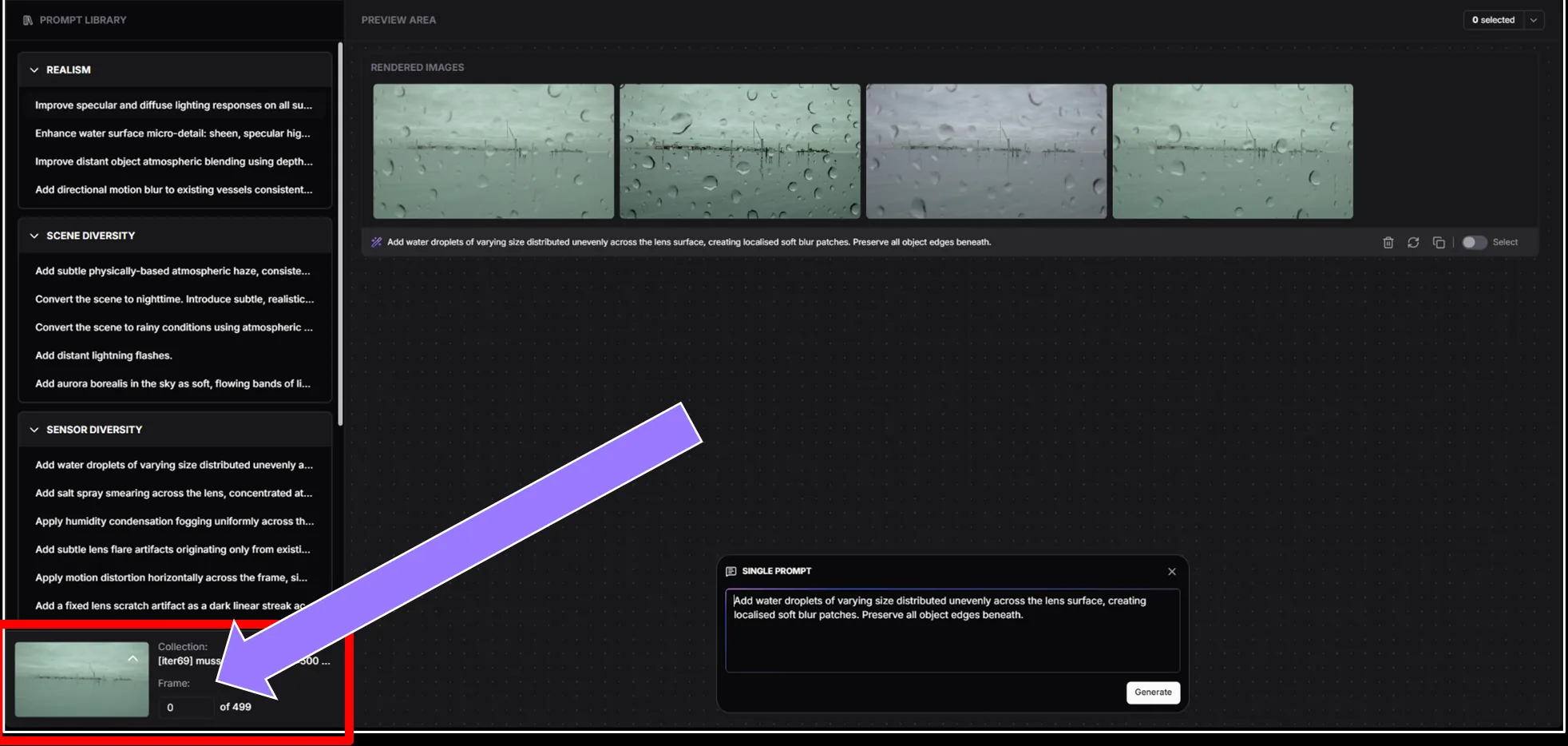 The Neural Rendering screen with the frame field highlighted at the bottom of the prompt library panel
