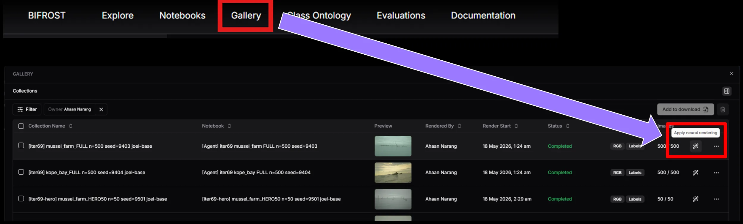 The gallery, with an arrow pointing from the Gallery tab to the magic wand icon on a collection