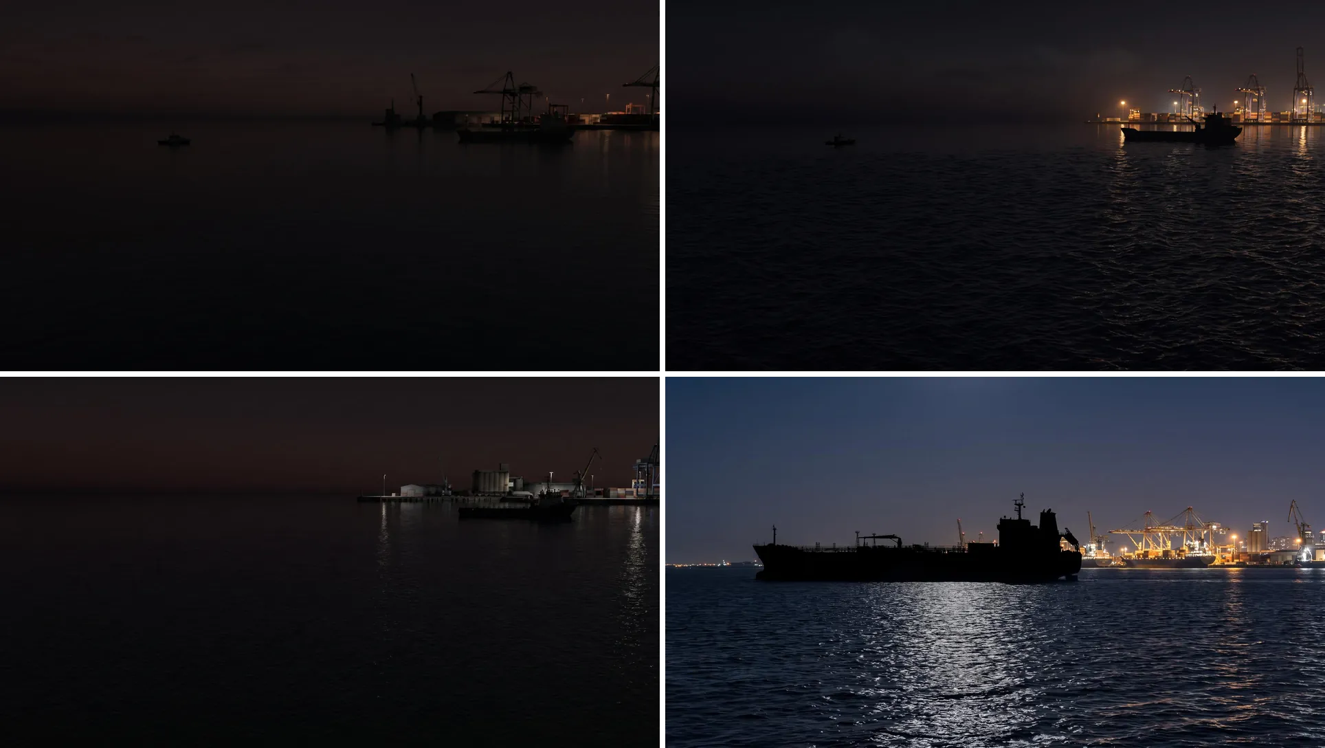 Four inconsistent port backdrop generations from the bad input image, with the vessels displaced
