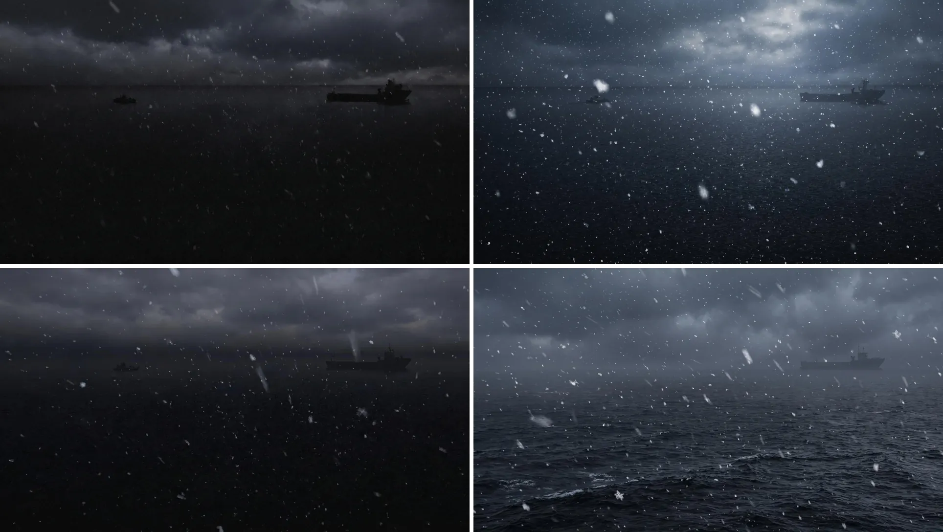 Four inconsistent snowfall generations from the bad input image, with the vessels displaced