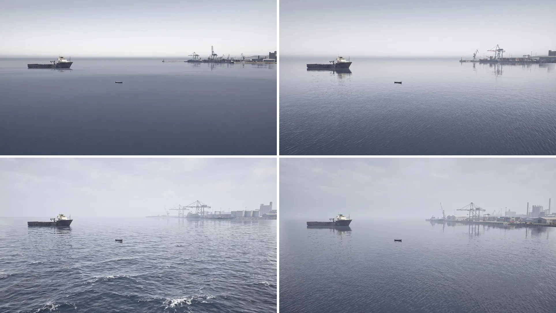 Four consistent port backdrop generations from the good input image