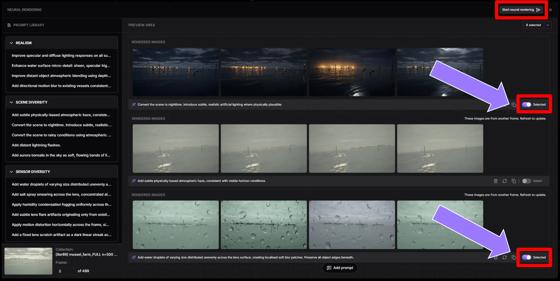 Two prompts selected for generation, with the Select toggles and the Start neural rendering button highlighted