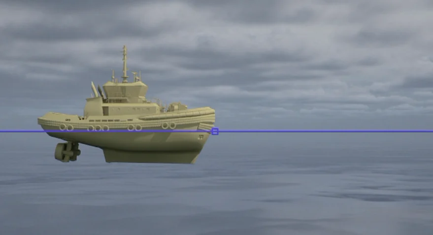 A tug whose pivot point is at its bow, sitting entirely behind the marker