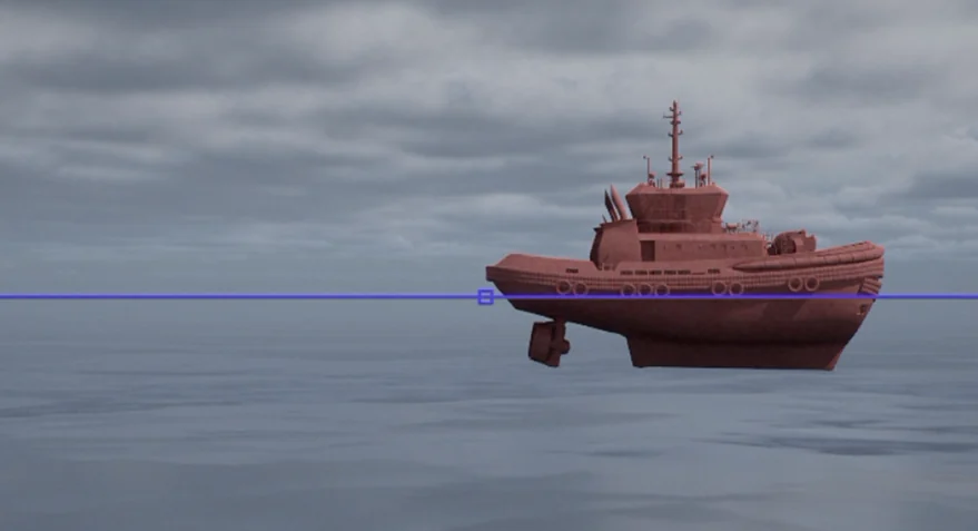 A tug whose pivot point is at its stern, sitting entirely ahead of the marker