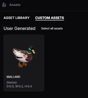 The asset library's Custom Assets tab, showing one uploaded asset