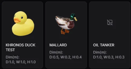 Three asset cards in the library: Khronos Duck Test, Mallard and Oil Tanker