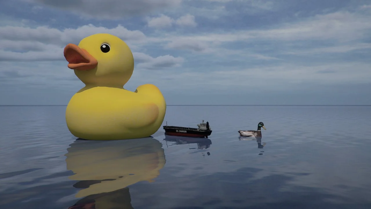 A rendered scene with a huge rubber duck, a small oil tanker and a mallard